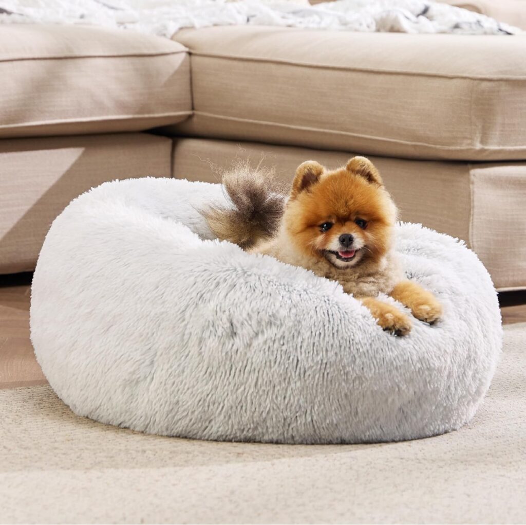 Bedsure Calming Dog Bed for Medium Dogs - Donut Washable Medium Pet Bed, 30 inches Anti-Slip Round Fluffy Plush Faux Fur Cat Bed, Fits up to 45 lbs Pets, Camel