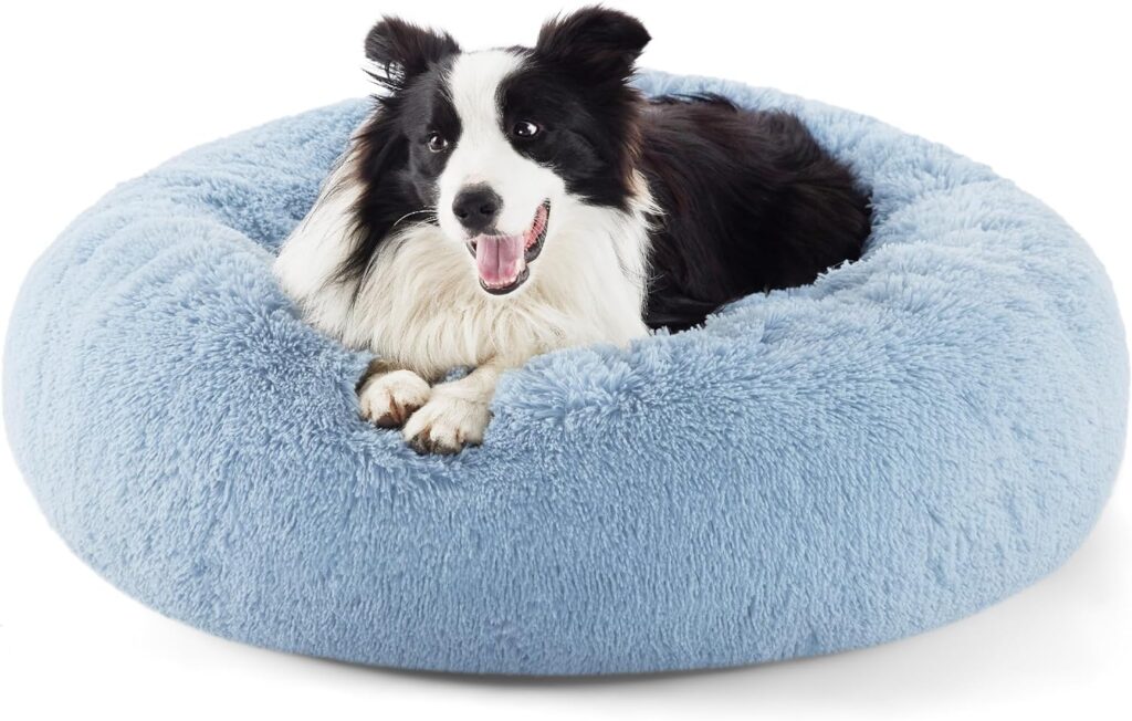 Bedsure Calming Dog Bed for Medium Dogs - Donut Washable Medium Pet Bed, 30 inches Anti-Slip Round Fluffy Plush Faux Fur Cat Bed, Fits up to 45 lbs Pets, Camel