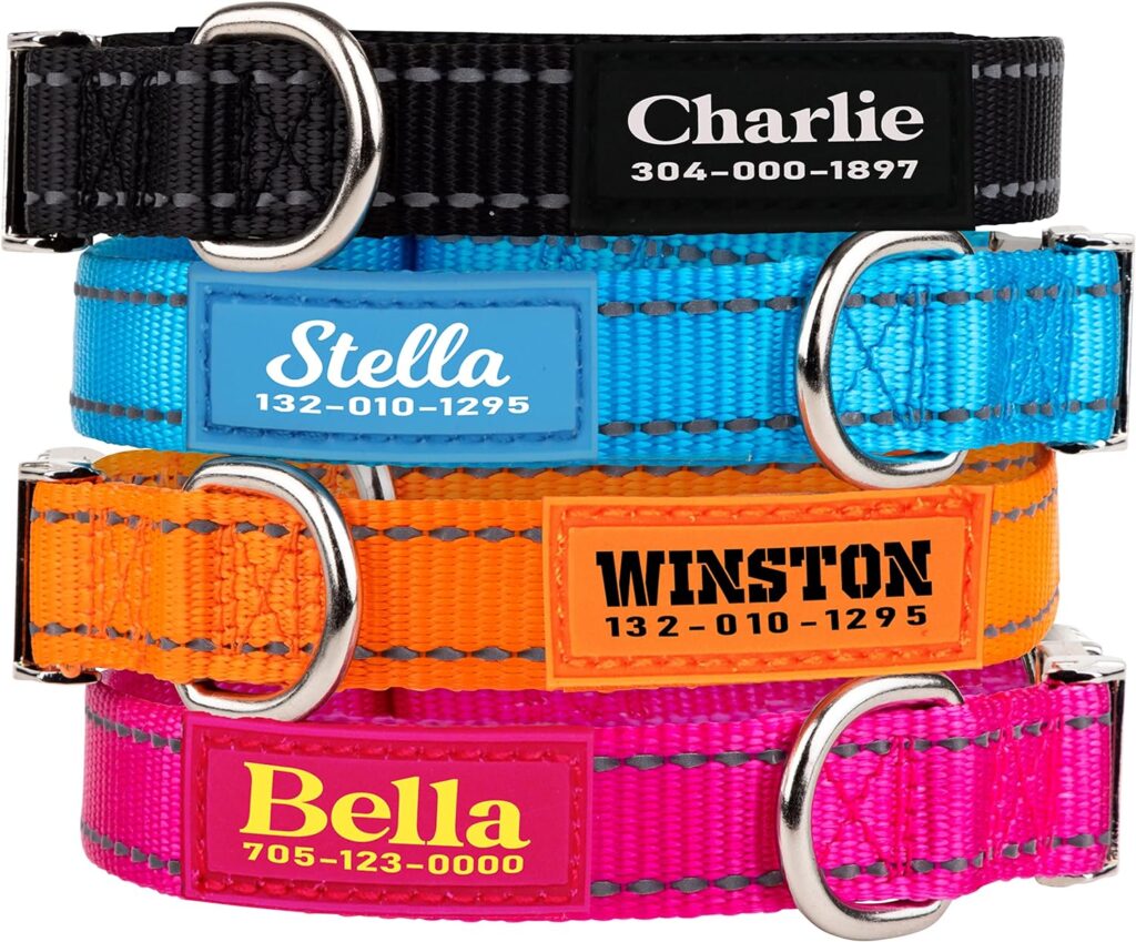 PAWBLEFY Personalized Dog Collars - Reflective Nylon Collar Customized with Name and Phone Number - Adjustable Sizes for Small Dogs, Medium, and Large - 4 Colors for Male Female boy Girl Puppies