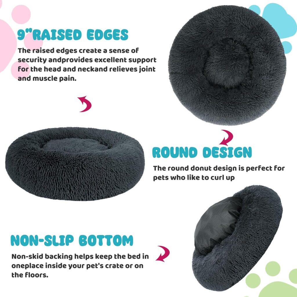 Small Dog Bed, Anti-Anxiety Calming Dog Bed, Warming Cozy Soft Donut Dog Bed, Fluffy Faux Fur Plush Dog Bed for Small Dogs and Cats, Machine Washable.(Gray, 23x23in)