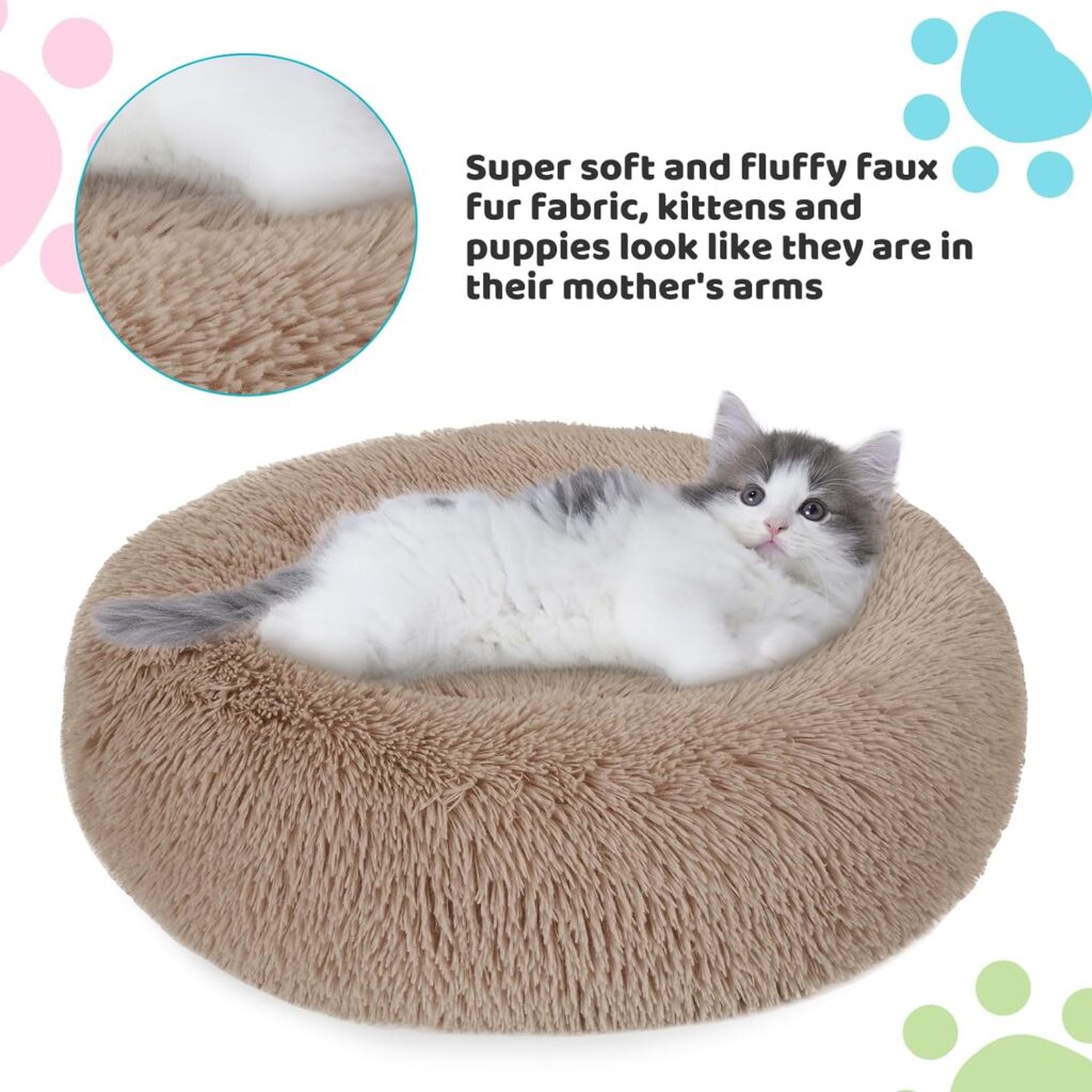 Small Dog Bed, Anti-Anxiety Calming Dog Bed, Warming Cozy Soft Donut Dog Bed, Fluffy Faux Fur Plush Dog Bed for Small Dogs and Cats, Machine Washable.(Gray, 23x23in)