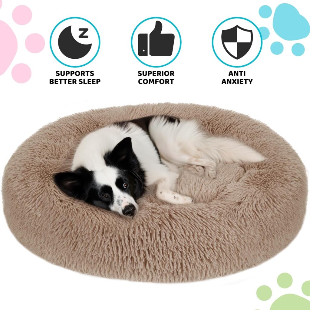 Small Dog Bed, Anti-Anxiety Calming Dog Bed, Warming Cozy Soft Donut Dog Bed, Fluffy Faux Fur Plush Dog Bed for Small Dogs and Cats, Machine Washable.(Gray, 23x23in)